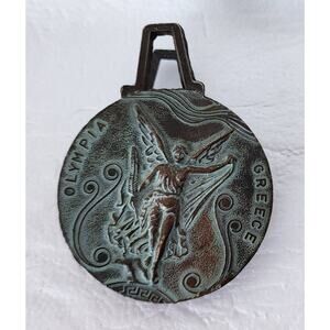 Vintage Bronze Souvenir OLYMPIA GREECE AEO Owl Medal Money Paper Clip 2.5"
